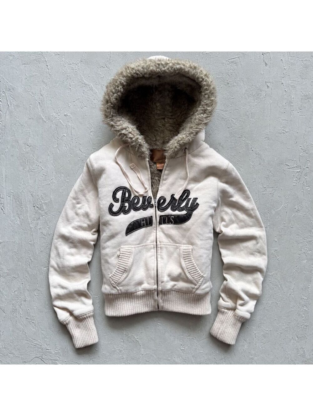 Vintage Y2K Foxy Girl Beverly Hills Cream Faux Fur Lined Full Zip Hoodie